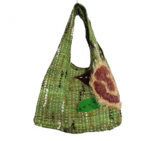 5088GREEN BOUCLE WOOL FLOWER EMBROIDERY TACO BAG