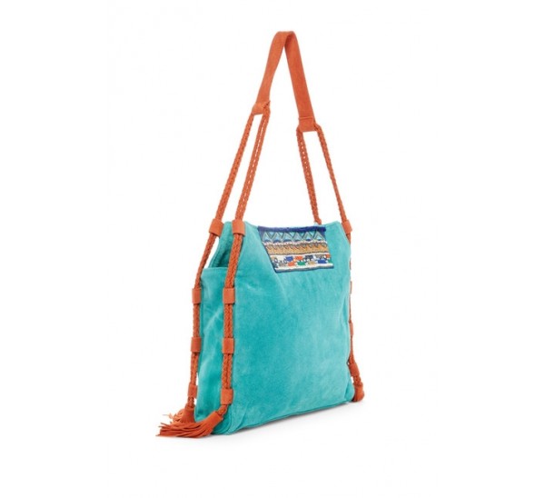 RK1017 LEATHER SUEDE BOHEMIAN EMBROIDERED ZIP TOP TOTE