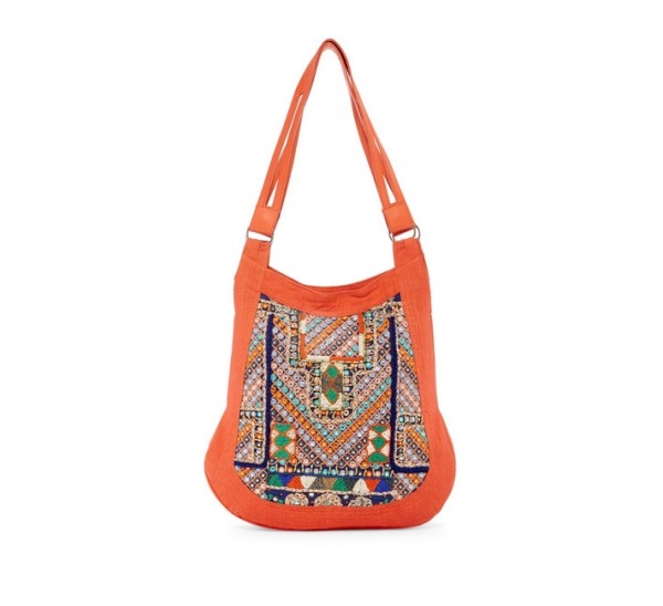 RK1317 COTTON CANVAS BOHEMIAN HAND  EMBROIDERED HOBO WITH LEATHER STRAP