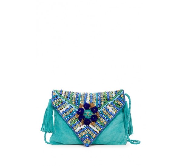 RK1417 LEATHER SUEDE BEADED FLAP TURQUOISE CLUTCH