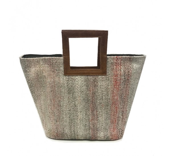  WOVEN CARPET CUT HANDLE TOTE  STAIN RESISTANT FABRIC WITH LEATHER TRIM AND STRAP