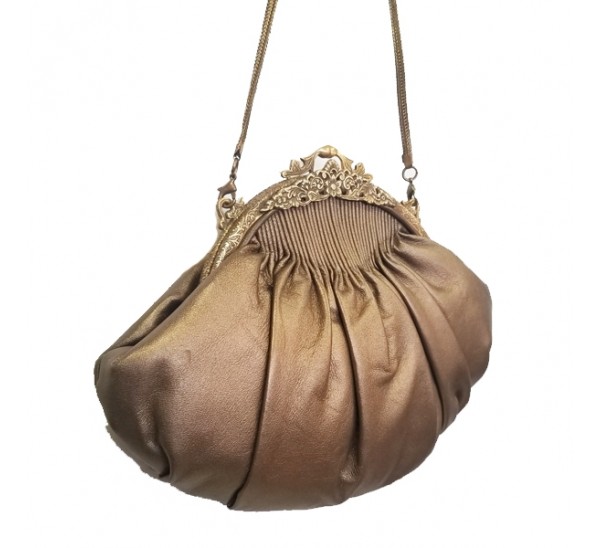 ACP 073 GOLD LEATHER PLEATED BRASS FRAME VINTAGE BAG