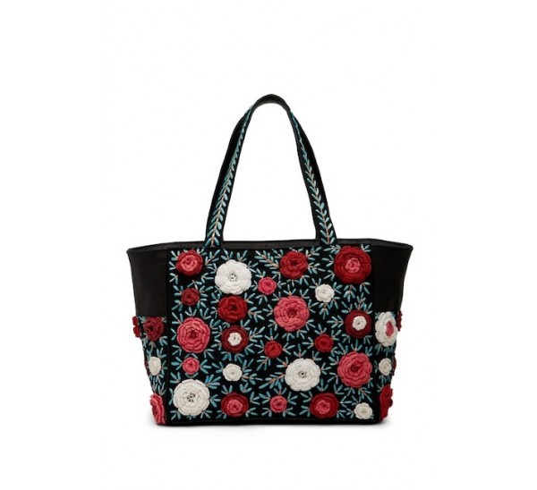 RD1830L LEATHER LARGE TOTE CROCHET FLOWER ZIP TOP