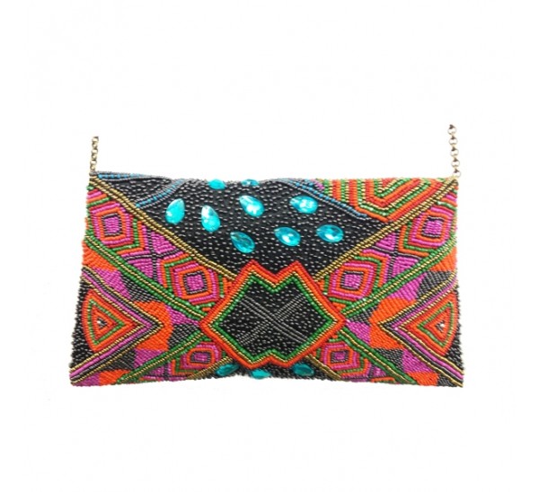 RD100 MULTI COLOR HAND CRAFTED BEADED CLUTCH PEACOCK