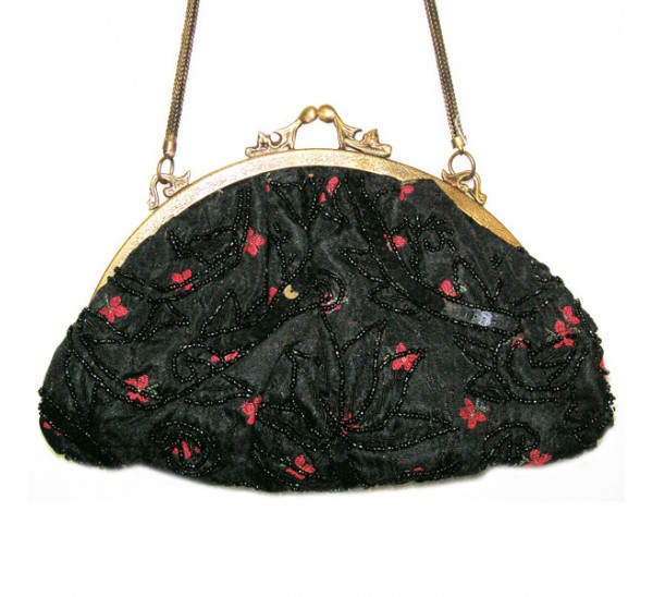 AC118 BLACK RED BUTTERFLY TAPESTRY BEADED VINTAGE BAG