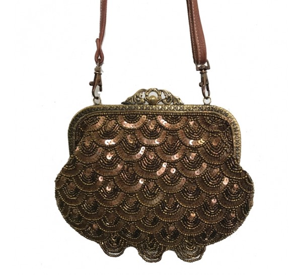 VICTORIAN VINTAGE LEATHER AND SCALLOP SEQUIN BAG