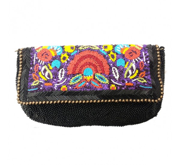 FF205 HAND CRAFTED ALL BEADED FLORAL EMBROIDERY FLAP OVER CROSS BODY CLUTCH BAG