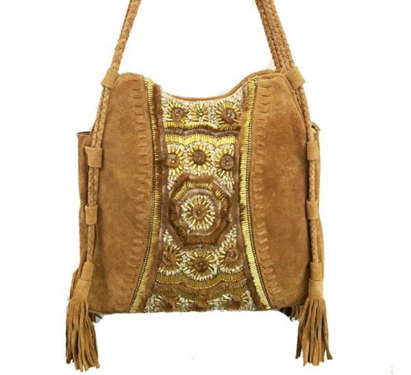 RD513F LEATHER TOTE WITH BRASS AND STONE EMBROIDERY