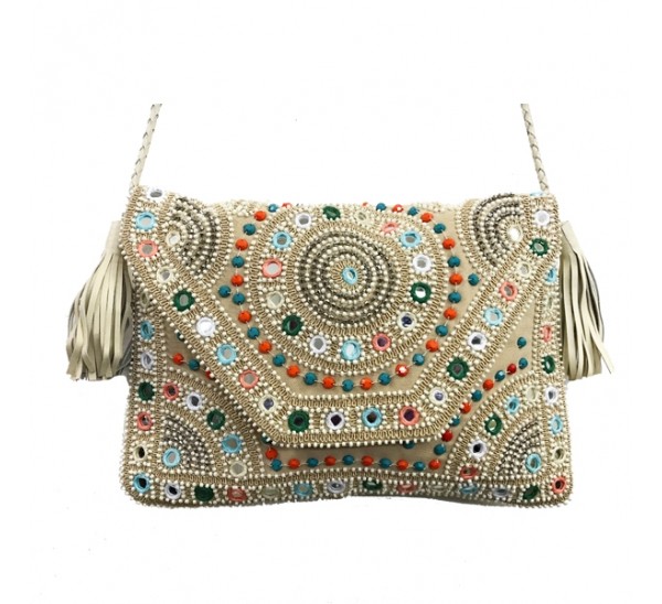 ABI05 MIRROR /PEARL EMBROIDERED FLAP OVER CLUTCH