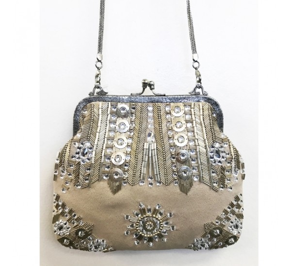 VICTORIAN VINTAGE IVORY BRASS AND CRYSTAL EMBROIDERY BAG
