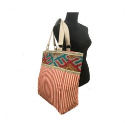 9571 Woven  red stripe cotton zip top tote with embroidered