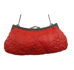 31036 RED GENUINE LEATHER LARGE EMBOSSED EMBROIDEREDCLUTCH