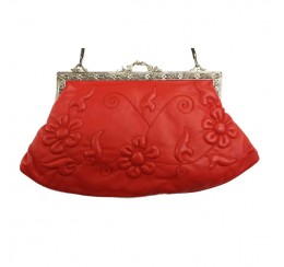 31050RED LEATHER EMBOSSED EMBROIDERED VINTAGE CLUTCH
