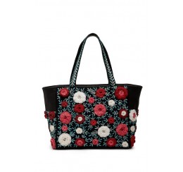 RD1830L LEATHER LARGE TOTE CROCHET FLOWER ZIP TOP