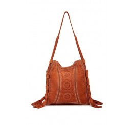 ABI07 LEATHER EMBROIDERED ZIP TOP TOTE WOVEN LEATHER STRAP WITH TASSEL