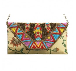 BEADED  FLORAL TAPESTRY MULTI COLOR FLAP OVER CLUTCH