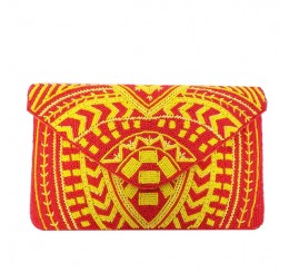 19516 HAND CRAFTED ALL BEADED ROYAL PATTERN RED/YELLOW CLUTCH