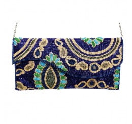 RD10327 CURVED FLAP ALL BEADED/CRYSTAL BLUE CLUTCH