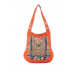 RK1317 COTTON CANVAS BOHEMIAN HAND  EMBROIDERED HOBO WITH LEATHER STRAP