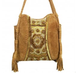 RD513F LEATHER TOTE WITH BRASS AND STONE EMBROIDERY
