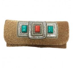 PUB394 HAND EMBROIDERED 3 STONE BEADED CROSS BODY CLUTCH