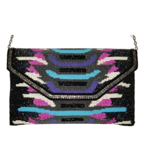 RD10229 FINE BEADED BLACK/PINK/TURQ FLAPOVER CLUTCH