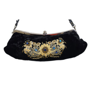 11029 VELVET/LEATHER EMBROIDERED METALLIC FRAME CLUTCH