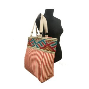 COTTON WOVEN RED STRIPE EMBROIDERED TOTE