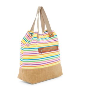 Rainbow stripe zip top tote jute burlap bottom