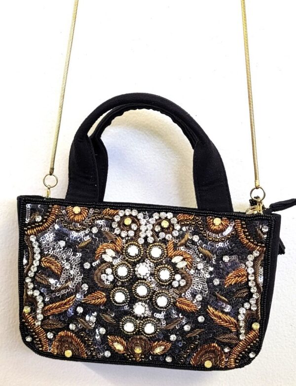 CRYSTAL BEADED TOP DBL HANDLE BLACK PARTY BAG