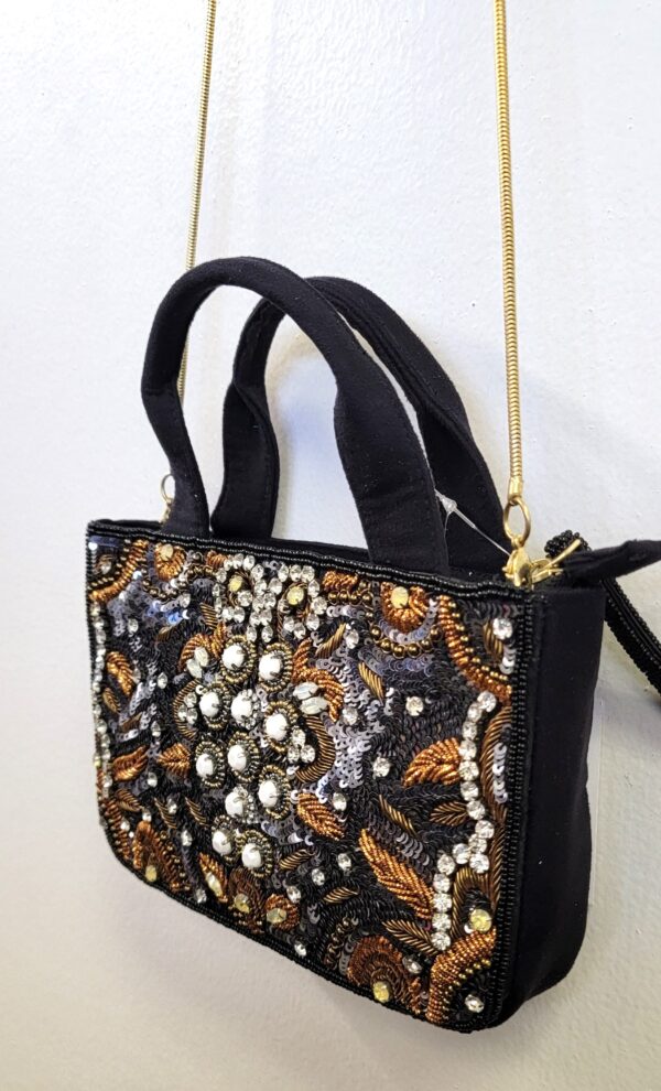 CRYSTAL BEADED TOP DBL HANDLE BLACK PARTY BAG