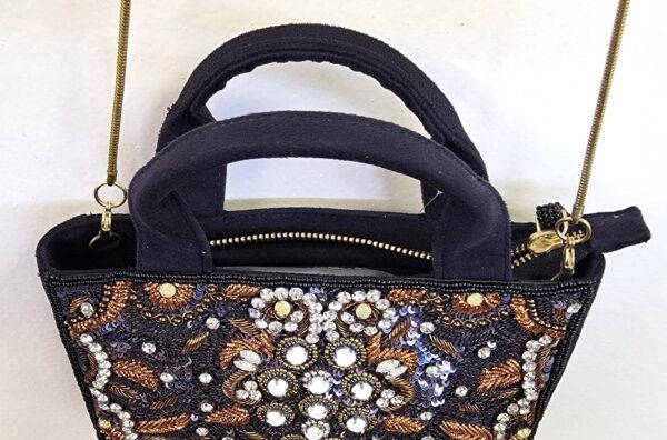 CRYSTAL BEADED TOP DBL HANDLE BLACK PARTY BAG