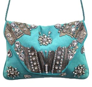 COTTON CANVAS BOHEMIAN CRYSTALS FLAP OVER CROSS BODY CLUTCH