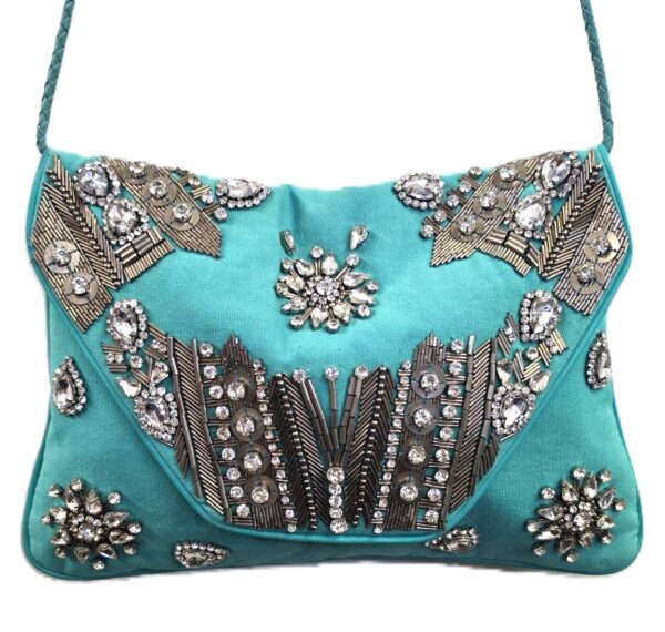 COTTON CANVAS BOHEMIAN CRYSTALS FLAP OVER CROSS BODY CLUTCH