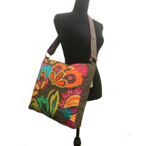 cotton embroidered zip top cross body bag