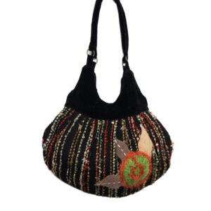 4319BLACK BOUCLE/VELVET WOOL FLOWER EMBROIDERY BAG