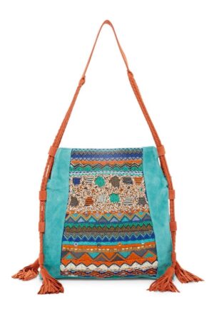 LEATHER SUEDE BOHEMIAN EMBROIDERED ZIP TOP TOTE