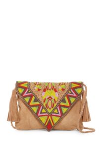 RK1517 LEATHER SUEDE CLUTCH WITH BEADED FLAP AND TASSEL