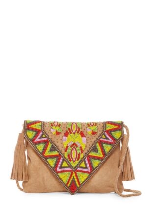 LEATHER SUEDE BOHEMIAN CLUTCH WITH BEADED FLAP AND TASSEL