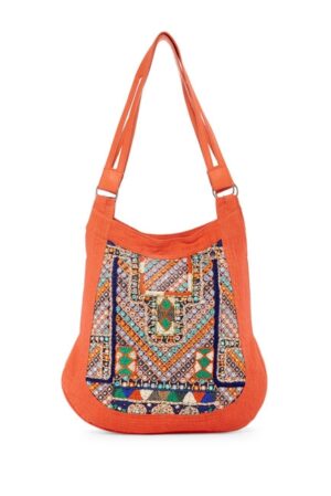 COTTON CANVAS BOHEMIAN HAND  EMBROIDERED HOBO WITH LEATHER STRAP