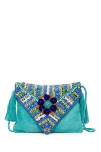 RK1417 LEATHER SUEDE BEADED FLAP TURQUOISE CLUTCH