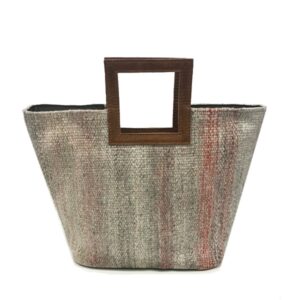 WOVEN CARPET CUT HANDLE TOTE  STAIN RESISTANT FABRIC WITH LEATHER TRIM AND STRAP