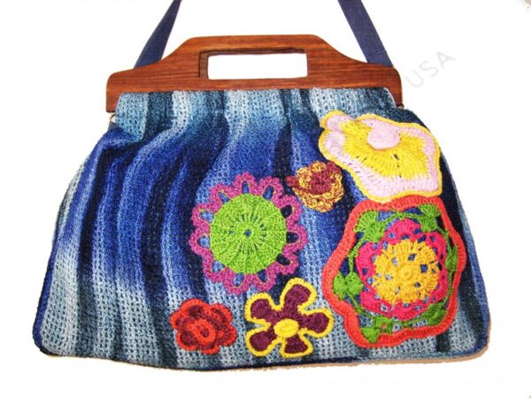 7909NTD MESH TIE DYE WOOD HANDLE CROCHET FLOWERS CROSS BODY BAG