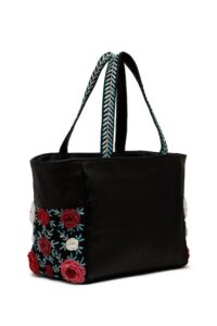 RD1830L LEATHER LARGE TOTE CROCHET FLOWER ZIP TOP