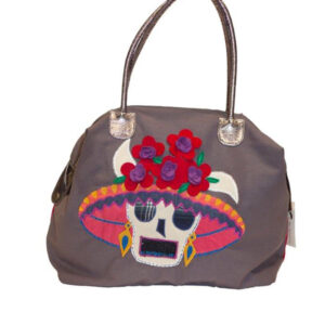 9121SK CANVA  ZIP TOP HAPPY SKULL SATCHEL