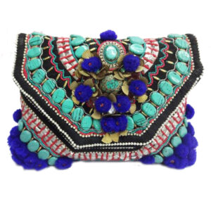 ARF0 2BLUE POM POM  EMBROIDERED BOHO CROSS BODY CLUTCH