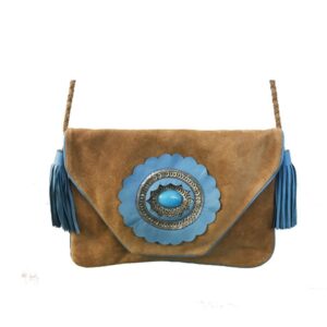 Genuine leather clutch with cross body strap turquoise cutwork flower
