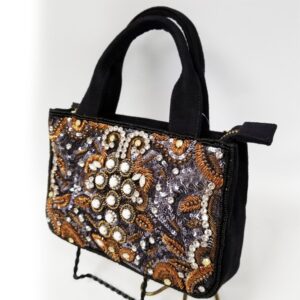 CRYSTAL BEADED TOP DBL HANDLE BLACK PARTY BAG