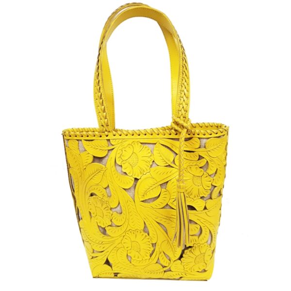 KKV10436 LEATHER HAND TOOLED/CARVED YELLOW LARGE TOTE