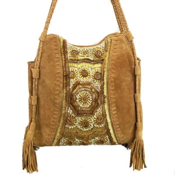 RD513F LEATHER TOTE WITH BRASS AND STONE EMBROIDERY